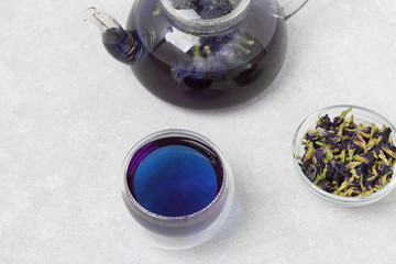 Blue tea Anchan, Clitoria, Butterfly Pea. Cup blue tea. Healthy detox herbal drink.