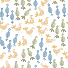 Vector Blue Orange and Green Birds on White Background Seamless Repeat Pattern. Background for textile, book covers, manufacturing, wallpapers, print, gift wrap and scrapbooking.