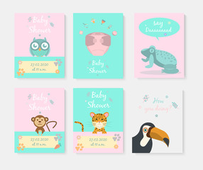 Set of Baby shower posters with cute animals. Greeting card, toucan, owl, toad, monkey, gipard and diaper. Vector illustration