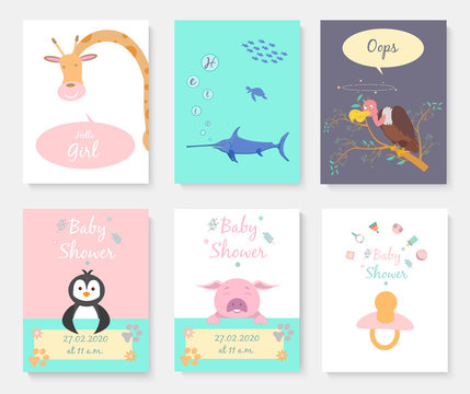 Set of Baby shower posters with cute animals. Greeting card, vulture, fish, giraffe, penguin pig and nipple. Vector illustration