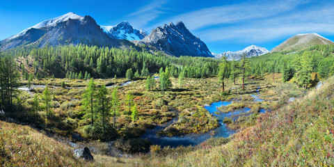 Naklejka na ściany i meble Amazing mountain valley, panoramic image, Altai. River, forest and snowy rocky peaks. Traveling in the mountains, trekking.