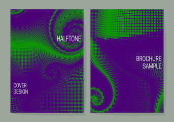 Fototapeta premium Vibrant saturated cover design templates with purple green halftone dotted backgrounds. Layouts for book, brochure, booklet, leaflet or journal covers.