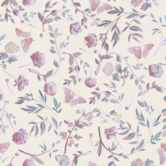 Orange butterfly framed by graceful floral branches seamless pattern.