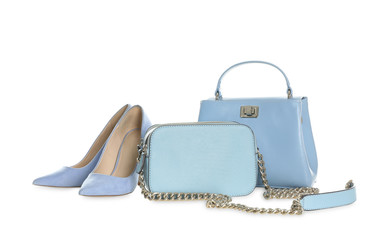Different stylish woman's bags and shoes isolated on white