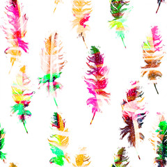 Fototapeta na wymiar Seamless watercolor abstract background with beautiful green feathers, autumn leaf drawings. Vintage illustration with an abstract green paint glue. For textiles, material,wallpapers.