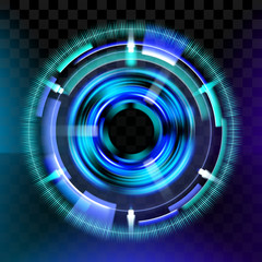 Magic light effects. Illustration isolated on dark background. Mystical portal. Bright sphere lens. Rotating lines. Glow ring. Magic neon ball. Abstract design logo. Vector.