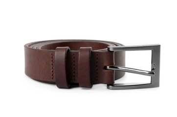 Stylish brown leather belt isolated on white