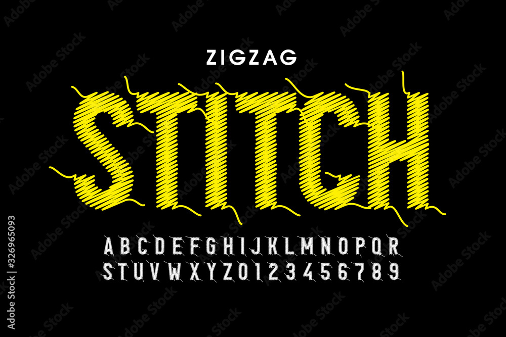 Poster zigzag stitch style font design, alphabet letters and numbers