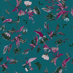 Delicate floral ornament of branches, leaves and inflorescences on a pink background. Seamless pattern.