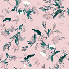 Delicate floral ornament of branches, leaves and inflorescences on a pink background. Seamless pattern.