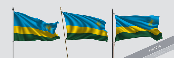 Set of Rwanda waving flag on isolated background vector illustration