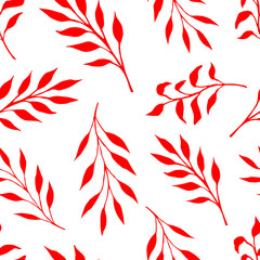 Fototapeta na wymiar Seamless pattern with red branches and leaves. Design for wrapping paper, postcards. Vector Botanical background..eps