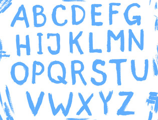 The letters of the English alphabet written in paints. Dry brush technique. Torn edges. Oil paint, gouache, ink. Vector font. Brush strokes. Letters of paints.