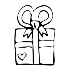 Vector gift box tied with a ribbon with a bow and a heart on the side. Doodle element for design.