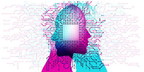 A male and female side silhouette positioned face to face, overlaid with a pattern of circuit board, computer and electronic - board shapes. A white CPU detail is positioned in the centre.