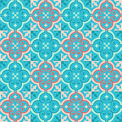 ethnic tile pattern in blue, turquoise, pink, coral colors