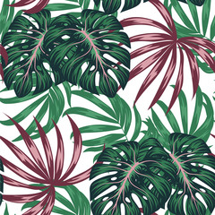 Fototapety  Wzór trendu. Tropikalne liście i rośliny na białym tle. Ilustracja w stylu hawajskim. Liście dżungli. Wzór botaniczny. Tło dla różnych powierzchni. Egzotyczna tapeta.