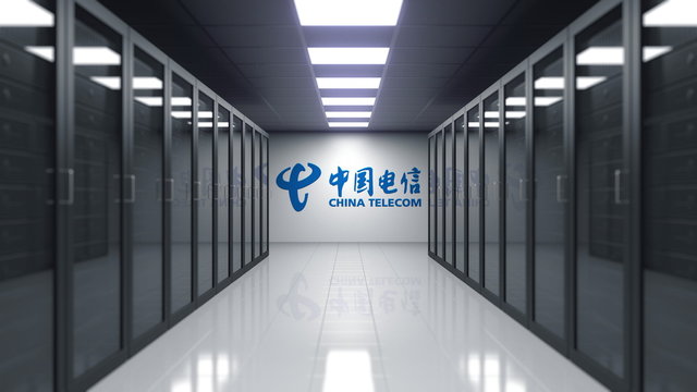 China Telecom logo on the wall of the server room. Editorial 3D rendering