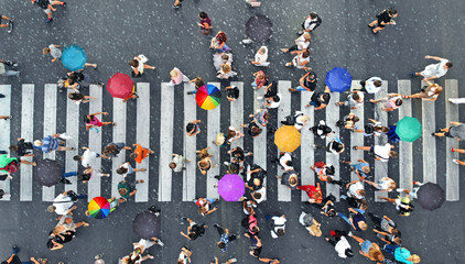Rainy weather. People crowd with umbrellas moving through the pedestrian crosswalk. Top view from...
