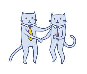 Cartoon business cats shaking hands in agreement with thumb up, successful businessmen team concept, vector illustration isolated on white. Corporate business concept of success, support.