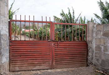Old rusty gate in banana plantation near village of El Puertito, Tenerife, Spain