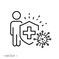 human immune from flu germ icon, man protection against the virus, hygiene shield, bacterial prevention, thin line web symbol on white background - editable stroke vector illustration eps10