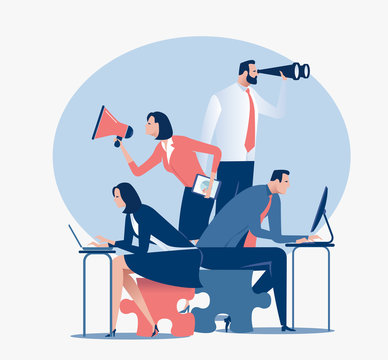 The team of four persons working. Business vector illustration. 