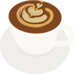 A sketch of a cappuccino with a heart pattern on a foam. Coffee art. Suitable for postcard, logo, business card, book