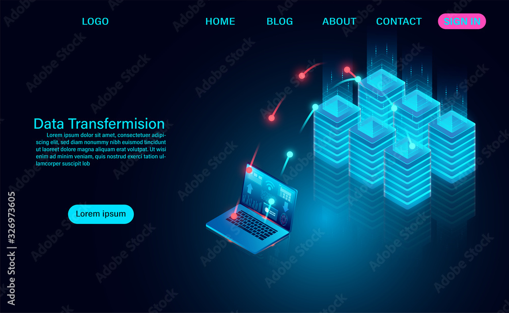 Poster data transfermision concept, downloading and uploading data to the server. vector illustration isome
