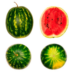 Different parts of watermelon isolated on a white background. Top, bottom and side of a ripe watermelon. Half a watermelon with red pulp.