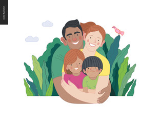 Happy international family with kids -family health and wellness -modern flat vector concept digital illustration of a happy family of parents and children, family medical insurance plan