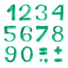Hand painted green number on white background. Isolated on white background. Emerald-green textured font. Hand-painted stock illustration.  Eco, spring, summer font. Gouache, oil or acrylic technique.