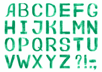 Latin alphabet with green letters. Hand-painted illustration. English alphabet. Isolated on white background. Emerald-green textured font. Eco, spring, summer font. Gouache, oil or acrylic technique.