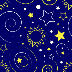 space pattern, sun and stars in space, abstraction of space in a seamless background