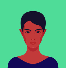 Portrait of a young beautiful woman. Avatar. Fashion and beauty. Bright vector illustration in flat style.
