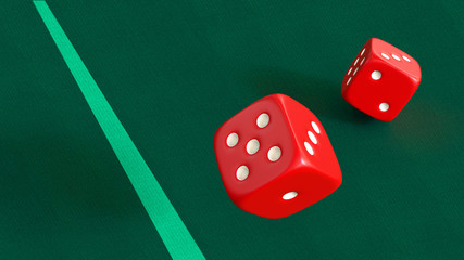 3d image. Red dice fly over the green cloth of the playing table