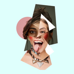 Young woman's portrait made of different pieces of faces, modern art collage. New vision of beauty...