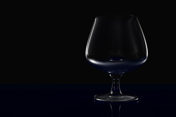 3d image. Empty glass wine glass on a dark background and a mirror surface