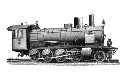 Antique locomotive / Antique engraved illustration from Brockhaus Konversations - Lexikon 1908
