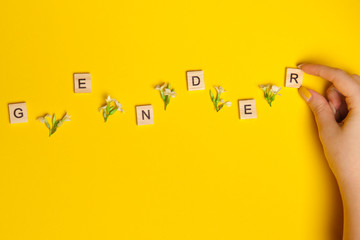 Word gender depicted by using wooden blocks and flowers on yellow bee background with woman hand...