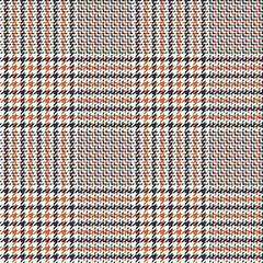 Glen pattern. Traditional seamless hounds tooth tweed check plaid in brown, orange, and white for coat, skirt, trousers, jacket, or other modern autumn and winter fashion fabric print.