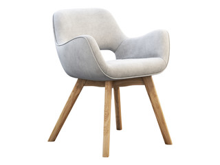 White fabric chair with wooden legs. 3d render - obrazy, fototapety, plakaty