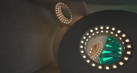 Abstract architectural background interior made of wood, concrete and glass. Neon lighting. 3D illustration and rendering.