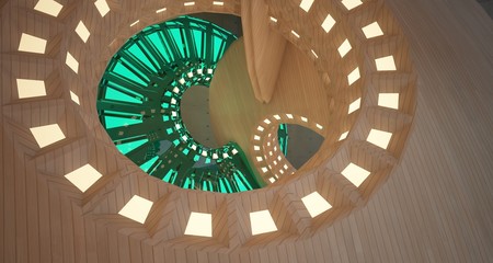 Obraz premium Abstract architectural background interior made of wood, concrete and glass. Neon lighting. 3D illustration and rendering.