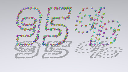 95% : 3D illustration of the text made of small objects over a white background with shadows