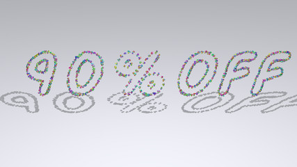 Colorful 3D writting of 90% OFF text with small objects over a white background and matching shadow
