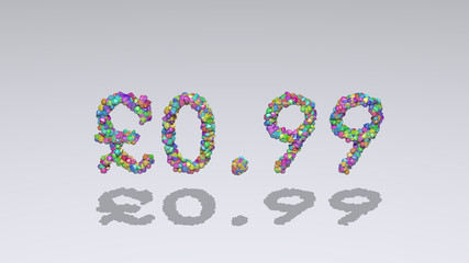 £0.99 written in 3D illustration by colorful small objects casting shadow on a white background