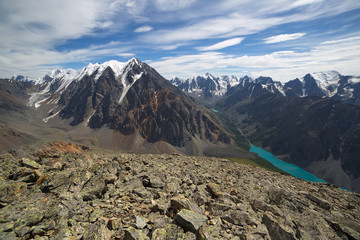 Beautiful mountain landscape. A photo of a mountainous country from above. Lake in a mountain...