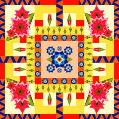 Fototapeta premium Seamless vector pattern flowers in square. Summer floral quilt tile with yellow and blue. Cute geometrical flower design.