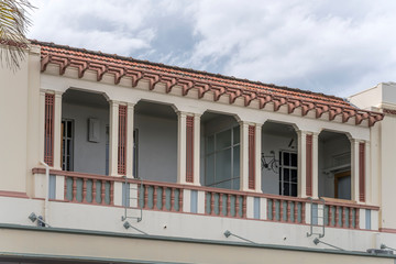 decorated picturesque 30's Deco buildings loggia, Napier, New Zealand